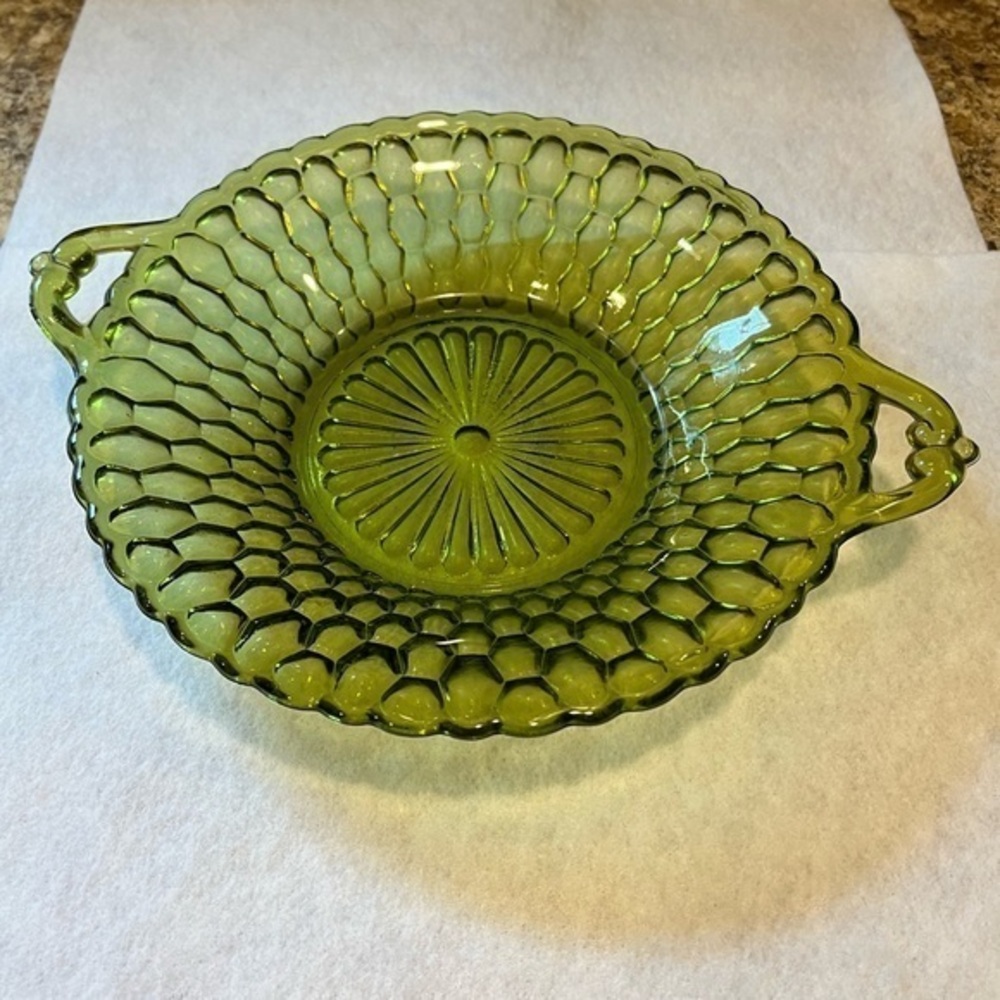 Vintage Green Depression Glass Dish Two Handled Shallow Bowl